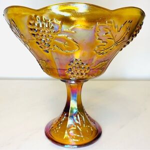 CARNIVAL GLASS Iridescent Marigold | Harvest Grape Pattern Pedestal Bowl